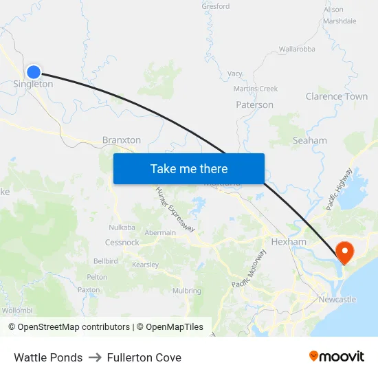 Wattle Ponds to Fullerton Cove map