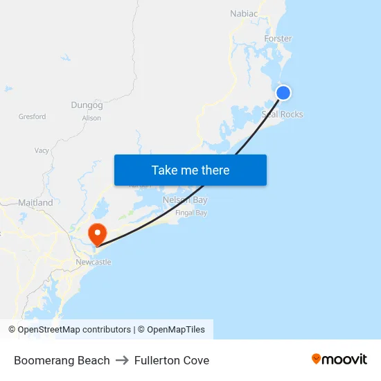 Boomerang Beach to Fullerton Cove map