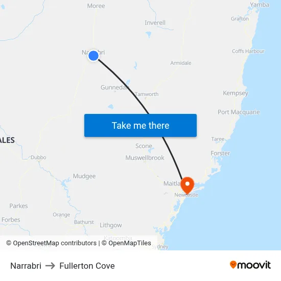 Narrabri to Fullerton Cove map