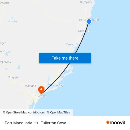 Port Macquarie to Fullerton Cove map