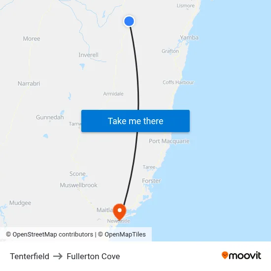 Tenterfield to Fullerton Cove map