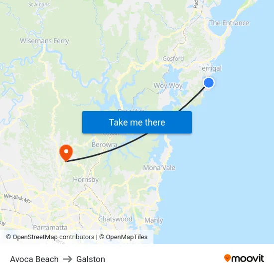 Avoca Beach to Galston map