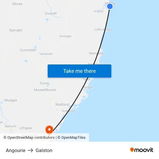 Angourie to Galston map