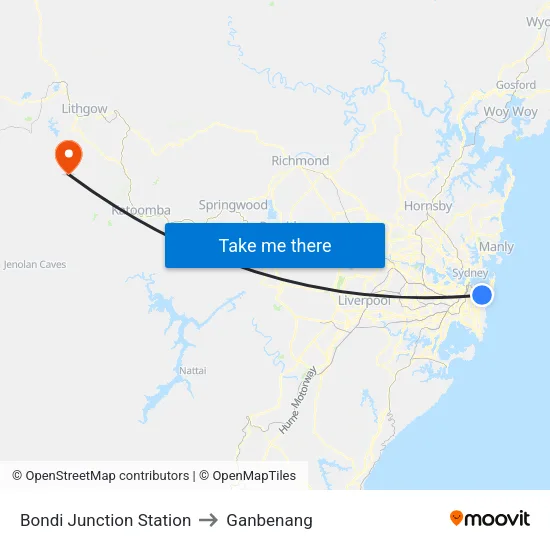 Bondi Junction Station to Ganbenang map