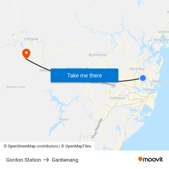 Gordon Station to Ganbenang map