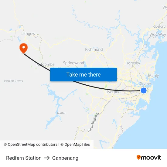 Redfern Station to Ganbenang map