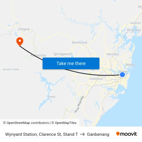 Wynyard Station, Clarence St, Stand T to Ganbenang map