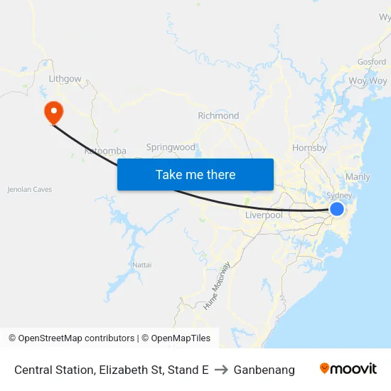 Central Station, Elizabeth St, Stand E to Ganbenang map