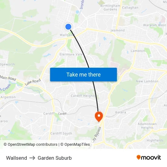 Wallsend to Garden Suburb map