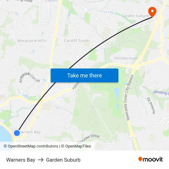 Warners Bay to Garden Suburb map