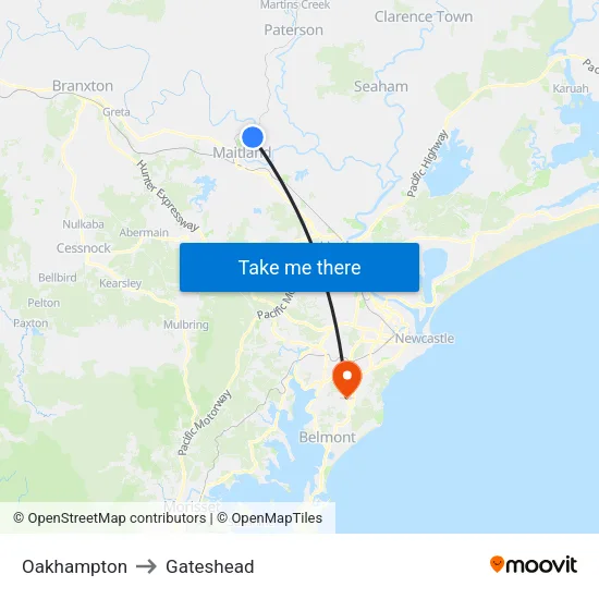 Oakhampton to Gateshead map