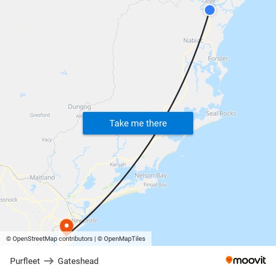 Purfleet to Gateshead map