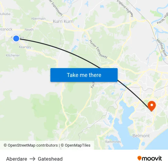 Aberdare to Gateshead map