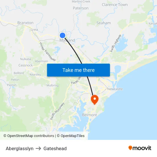 Aberglasslyn to Gateshead map