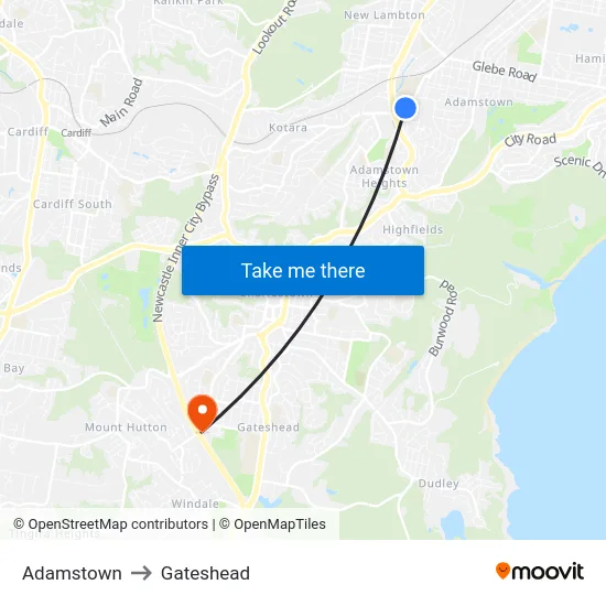 Adamstown to Gateshead map