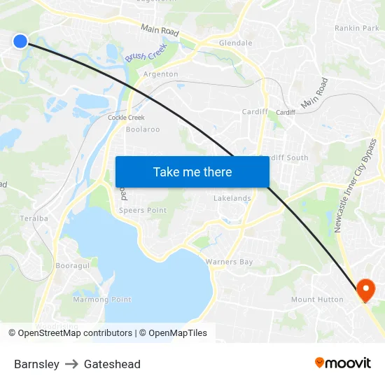 Barnsley to Gateshead map