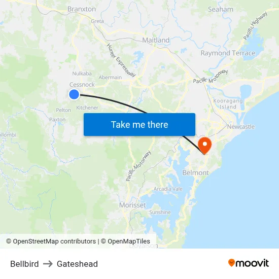 Bellbird to Gateshead map