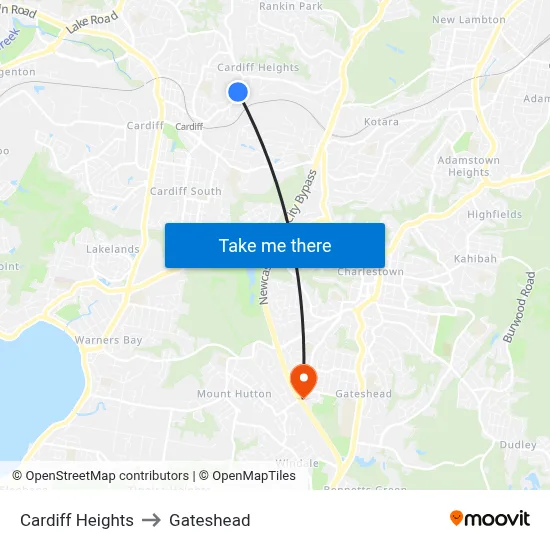 Cardiff Heights to Gateshead map