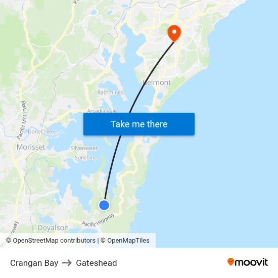 Crangan Bay to Gateshead map