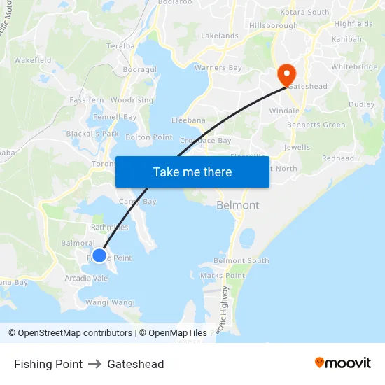 Fishing Point to Gateshead map
