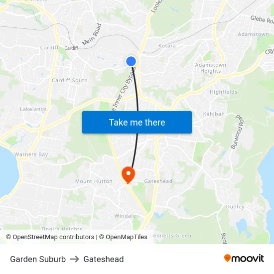 Garden Suburb to Gateshead map