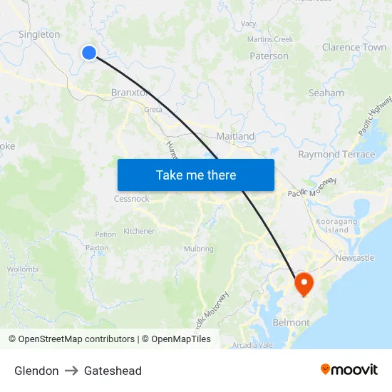 Glendon to Gateshead map
