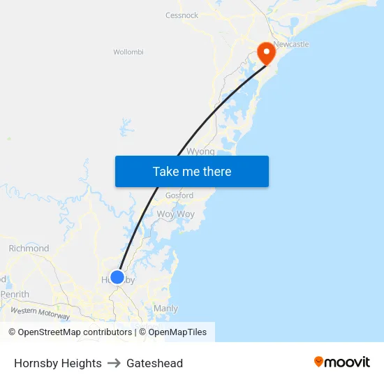 Hornsby Heights to Gateshead map