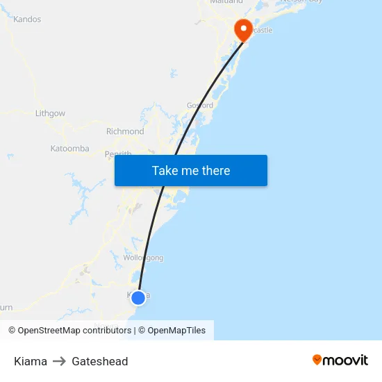 Kiama to Gateshead map
