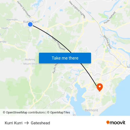 Kurri Kurri to Gateshead map