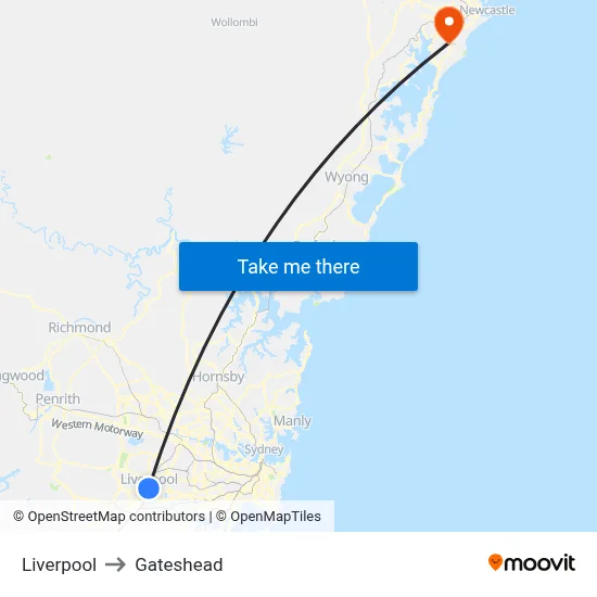 Liverpool to Gateshead map