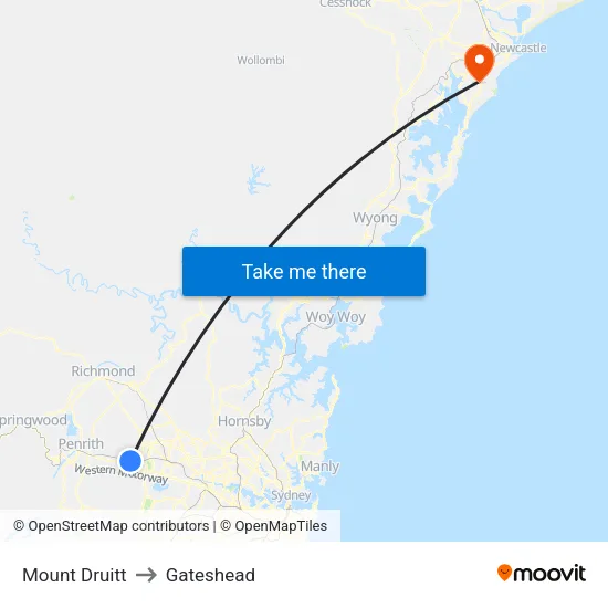 Mount Druitt to Gateshead map