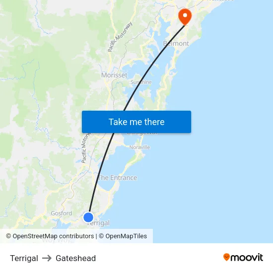 Terrigal to Gateshead map