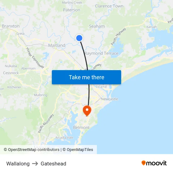 Wallalong to Gateshead map