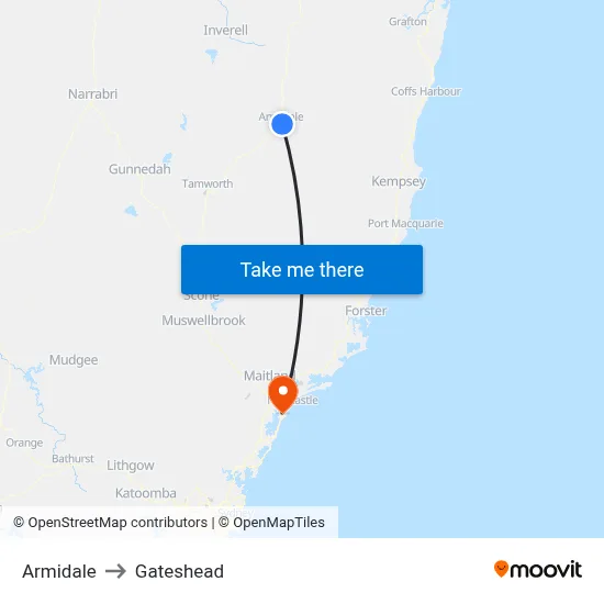 Armidale to Gateshead map