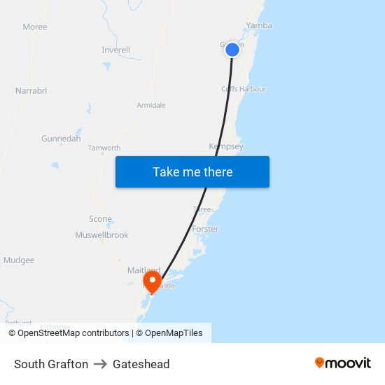 South Grafton to Gateshead map