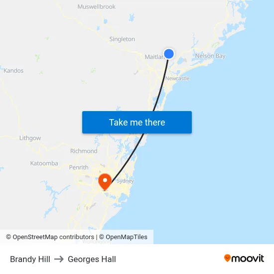 Brandy Hill to Georges Hall map