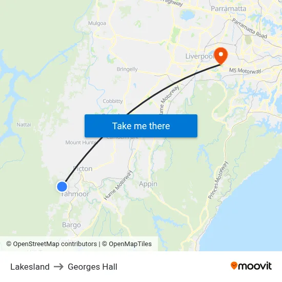 Lakesland to Georges Hall map