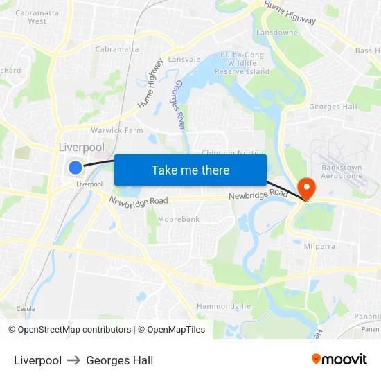 Liverpool to Georges Hall map