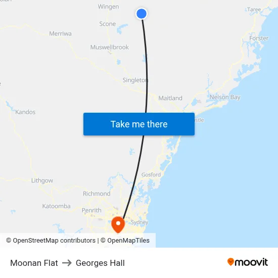 Moonan Flat to Georges Hall map