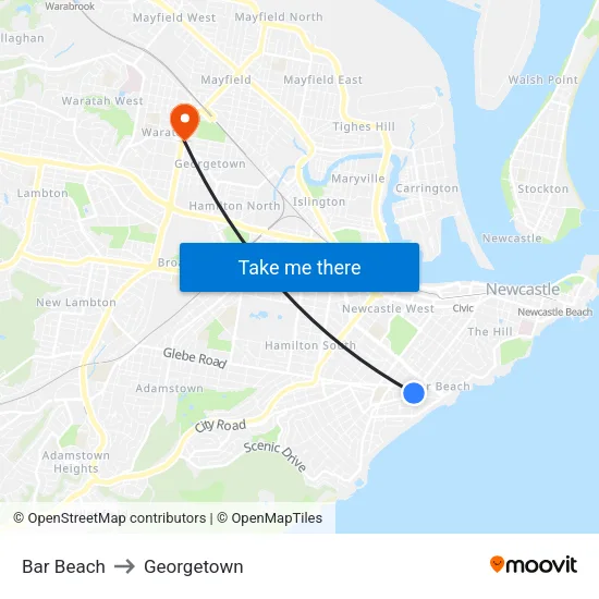 Bar Beach to Georgetown map