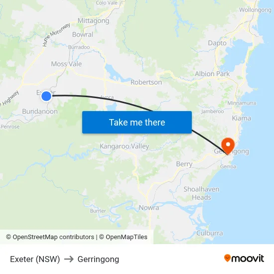 Exeter (NSW) to Gerringong map