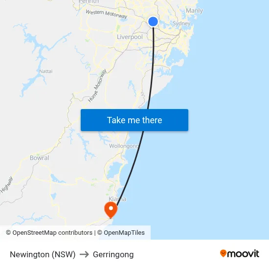 Newington (NSW) to Gerringong map
