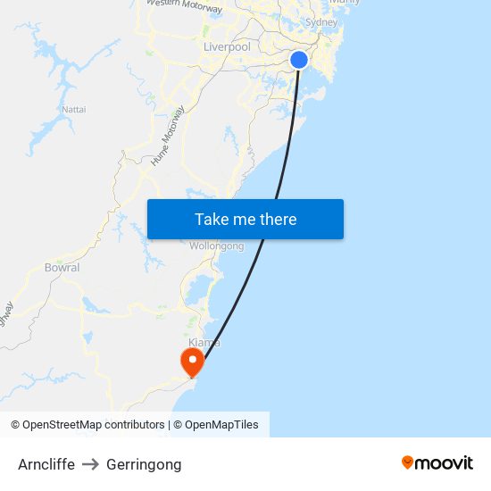 Arncliffe to Gerringong map