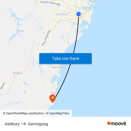 Ashbury to Gerringong map