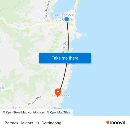 Barrack Heights to Gerringong map