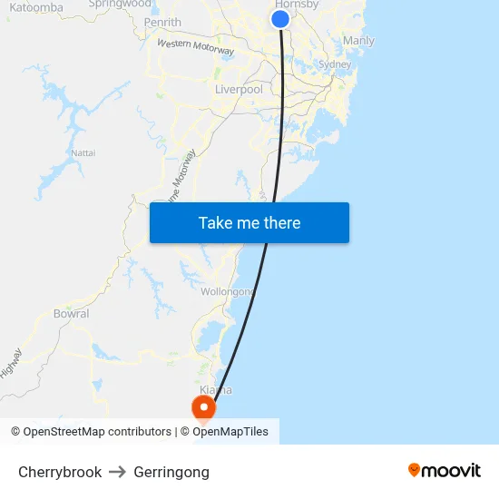 Cherrybrook to Gerringong map