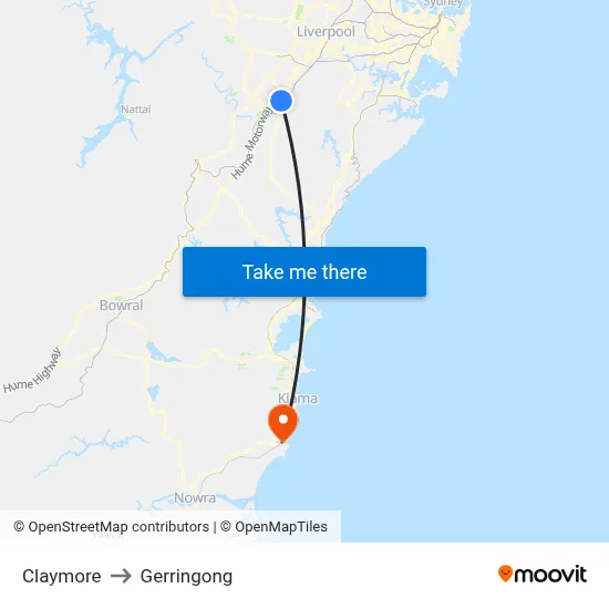 Claymore to Gerringong map
