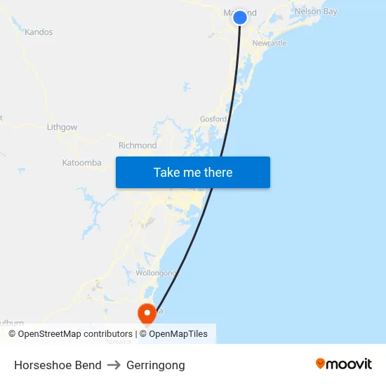 Horseshoe Bend to Gerringong map