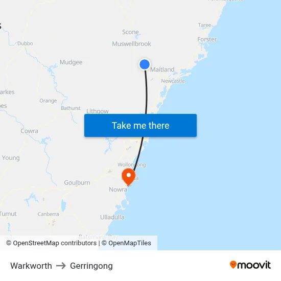 Warkworth to Gerringong map