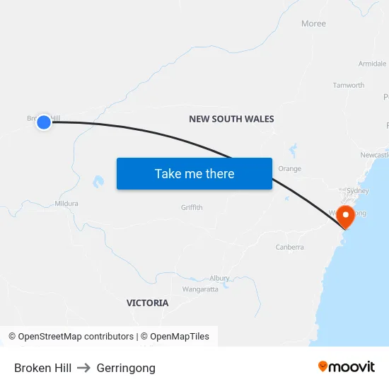 Broken Hill to Gerringong map